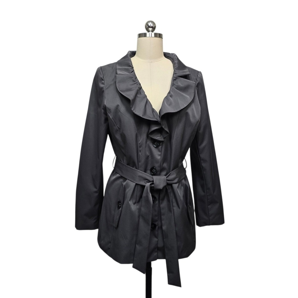 Sandro Studio Gray Ruffle Collar Belted Trench Coat Jacket Womens Size Large